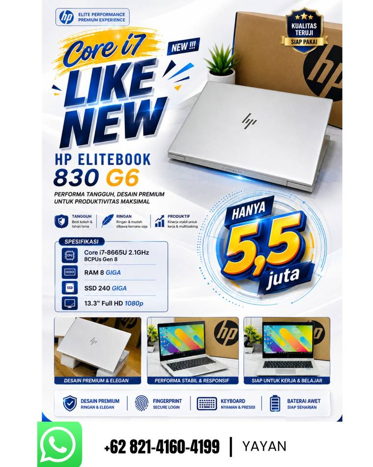 HP EliteBook 830 G6 Core i7 untuk laptop kerja profesional