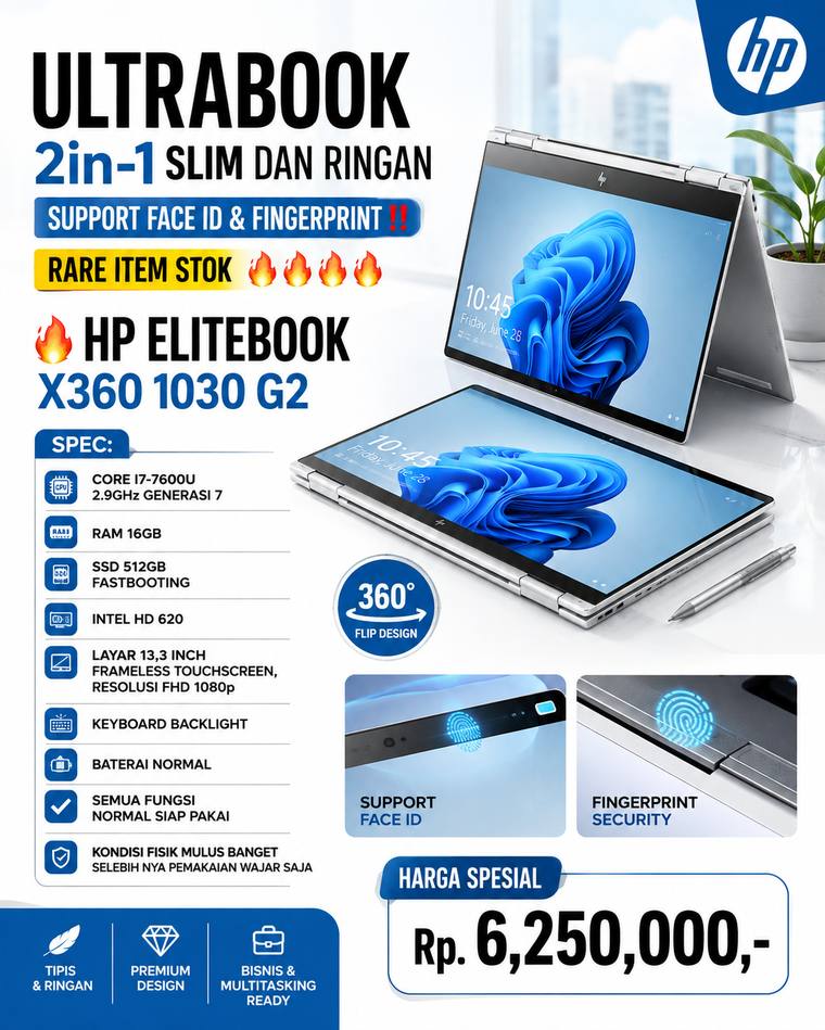 HP EliteBook x360 1030 G2 layar sentuh, laptop 2-in-1 ready stok di Toko Laptop Lamongan